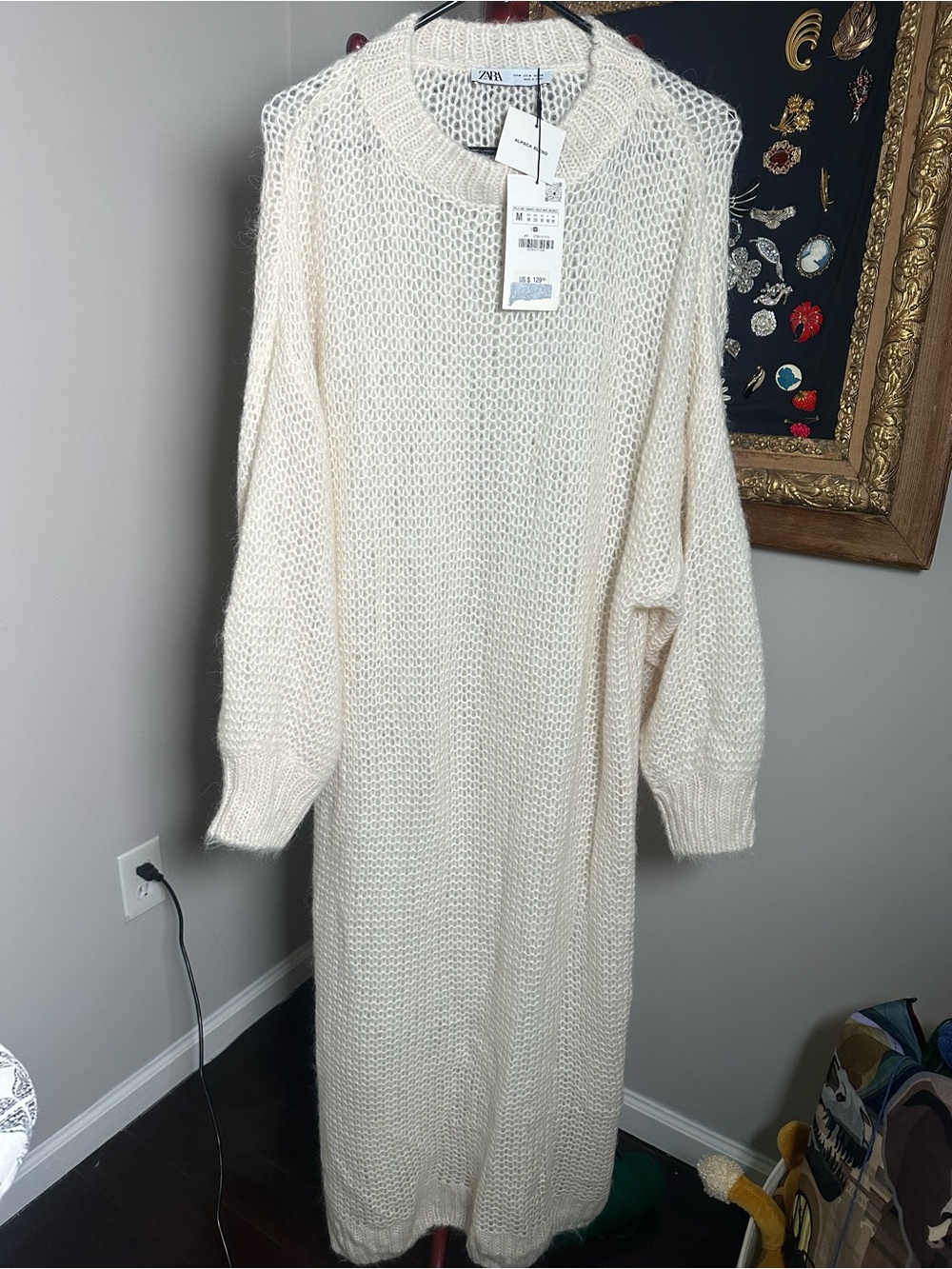 ZARA Alpaca Blend Open Knit Sweater Dress Cream Ecru Maxi Size M NWT
